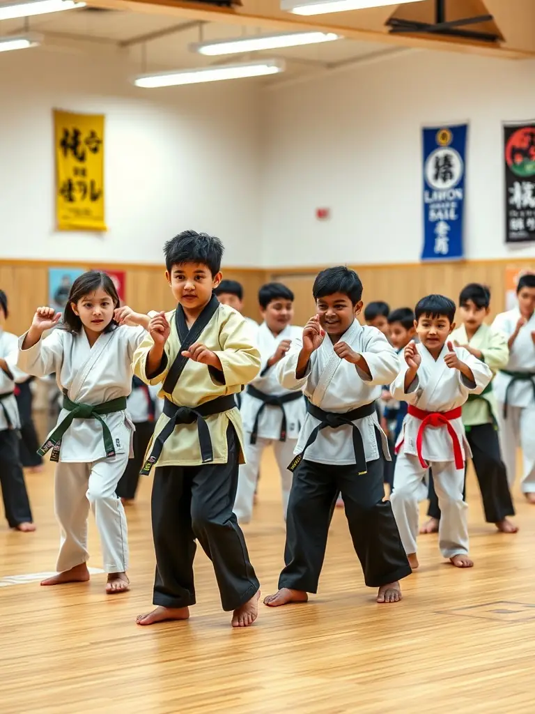 A diverse group of students of all ages and backgrounds practicing martial arts together, highlighting inclusivity and community spirit.