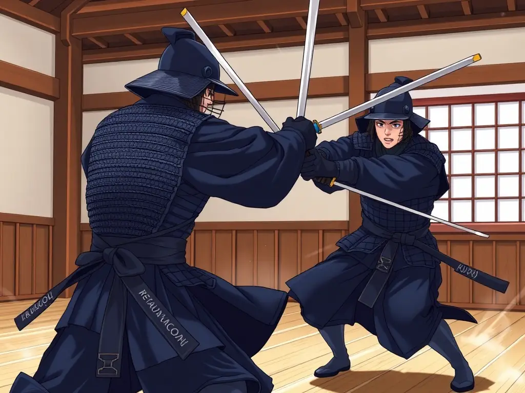 An action shot of Kendo practitioners engaged in a spirited match, highlighting the precision and focus required in sword fighting.