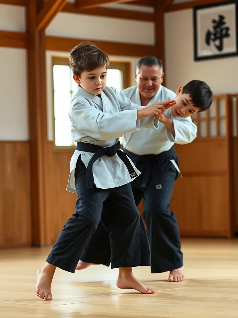 A young student confidently demonstrating a judo throw under the guidance of an experienced instructor at YOKAI JUDO NEUVIC, showcasing personalized attention and skill development.