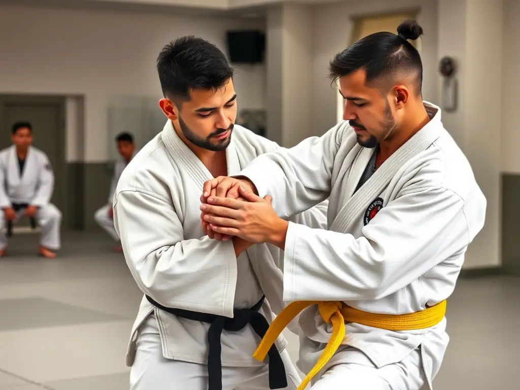A focused image of students practicing Ju-Jitsu joint locks and self-defense techniques at YOKAI JUDO NEUVIC, highlighting the practical applications of Ju-Jitsu.