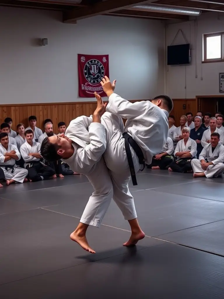 A student successfully executing a judo throw, showcasing the development of physical skills and personal growth.