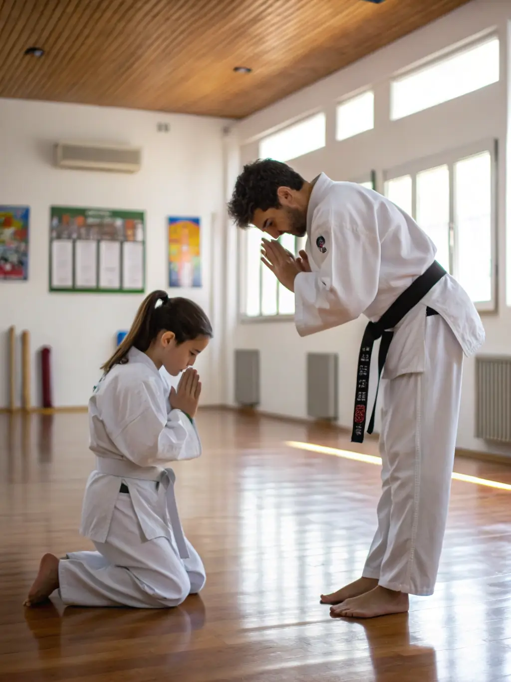 A photo of students demonstrating respect towards their instructor before a judo class, emphasizing the value of respect in YOKAI JUDO NEUVIC.