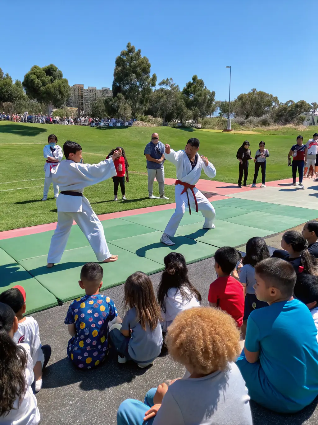 A group of students participating in a community event, representing YOKAI JUDO NEUVIC's commitment to community engagement.