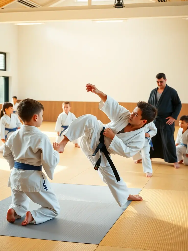 A focused image of ju-jitsu students practicing joint locks and submission techniques at YOKAI JUDO NEUVIC, highlighting the self-defense aspects of the art.