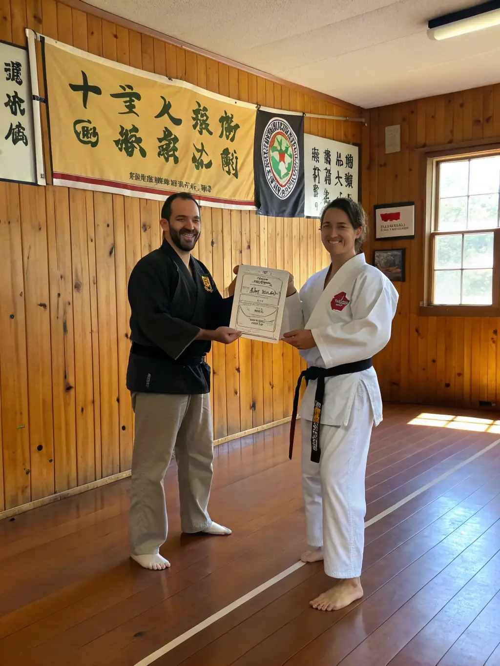 A student receiving a new belt during a grading ceremony, symbolizing progress and achievement within the YOKAI JUDO NEUVIC program.