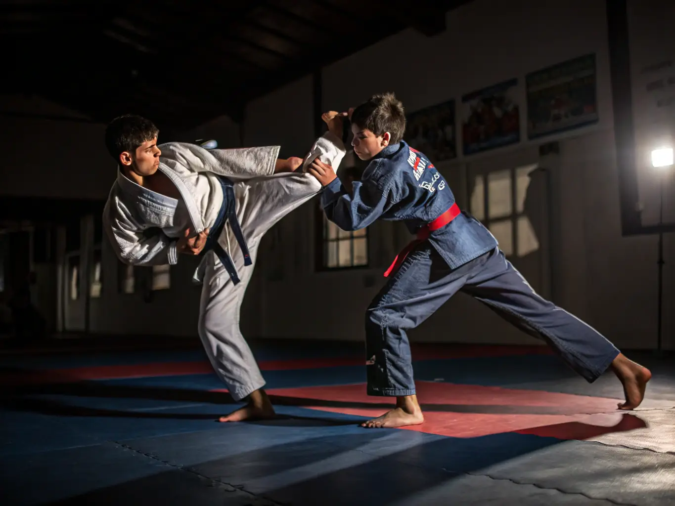 A dynamic image capturing the intensity of a Ju-Jitsu sparring session, showcasing grappling techniques and strategic movements.