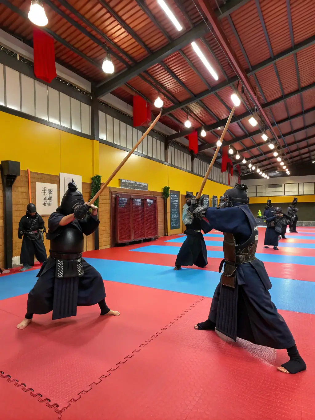 A group image of students in kendo gear, laughing and supporting each other, emphasizing camaraderie and teamwork.