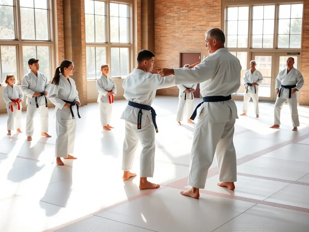 A focused shot of a Judo instructor demonstrating a precise throw technique to a group of attentive students in a traditional dojo setting.
