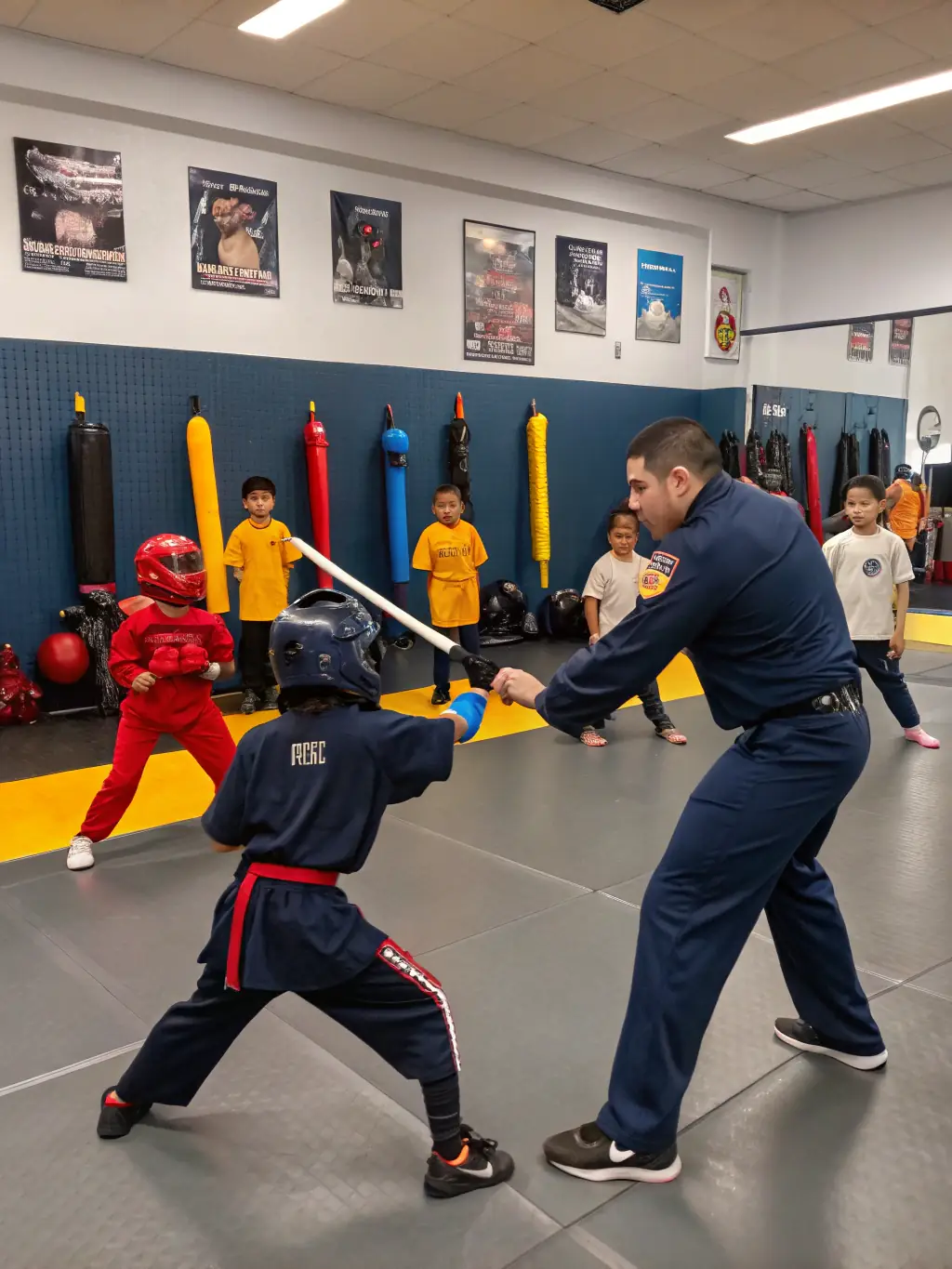An image of students in Kendo gear practicing strikes with bamboo swords, highlighting the tradition and precision of Kendo at YOKAI JUDO NEUVIC.