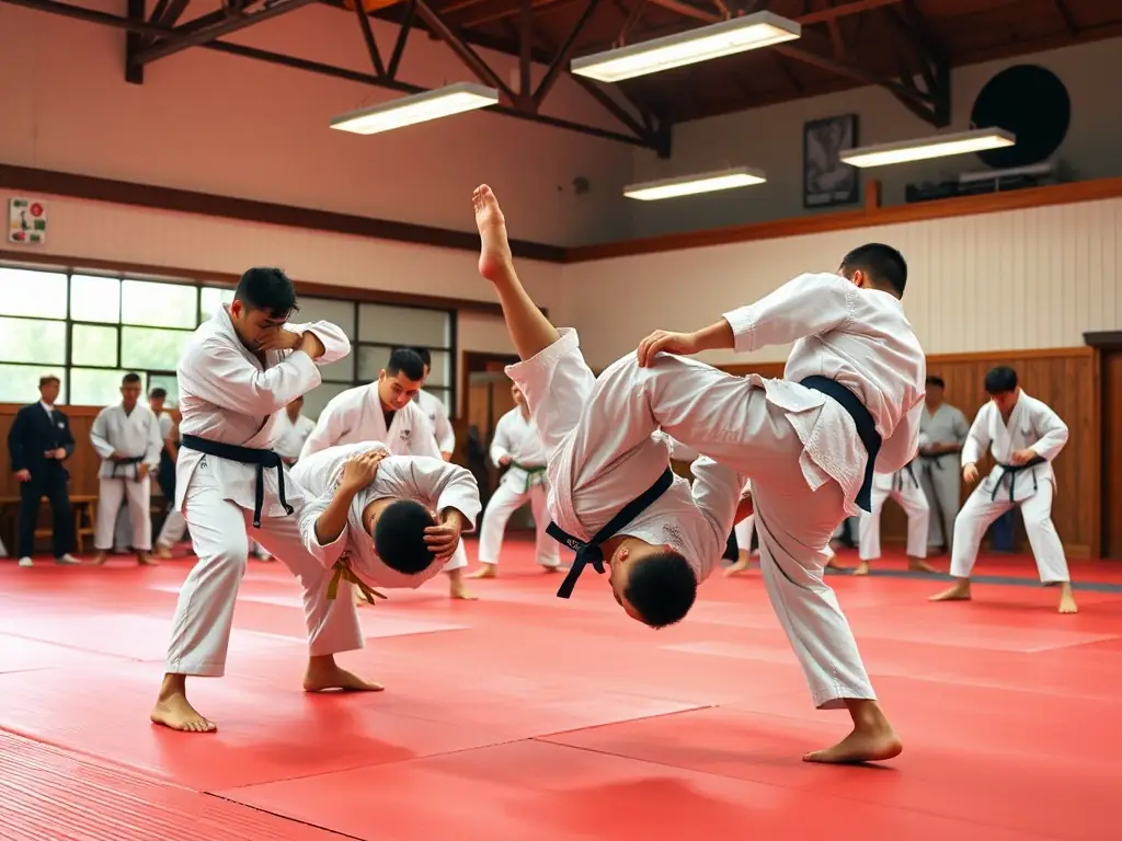 A dynamic shot of students practicing Judo throws in a well-lit dojo, showcasing the energy and technique involved in Judo training at YOKAI JUDO NEUVIC.
