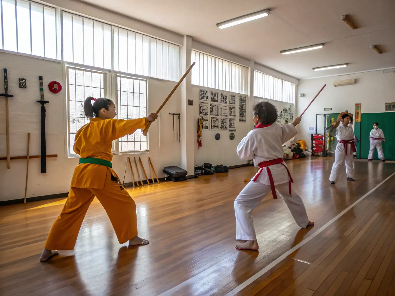 A serene image of students in Kendo gear practicing sword techniques, emphasizing focus and precision at YOKAI JUDO NEUVIC.