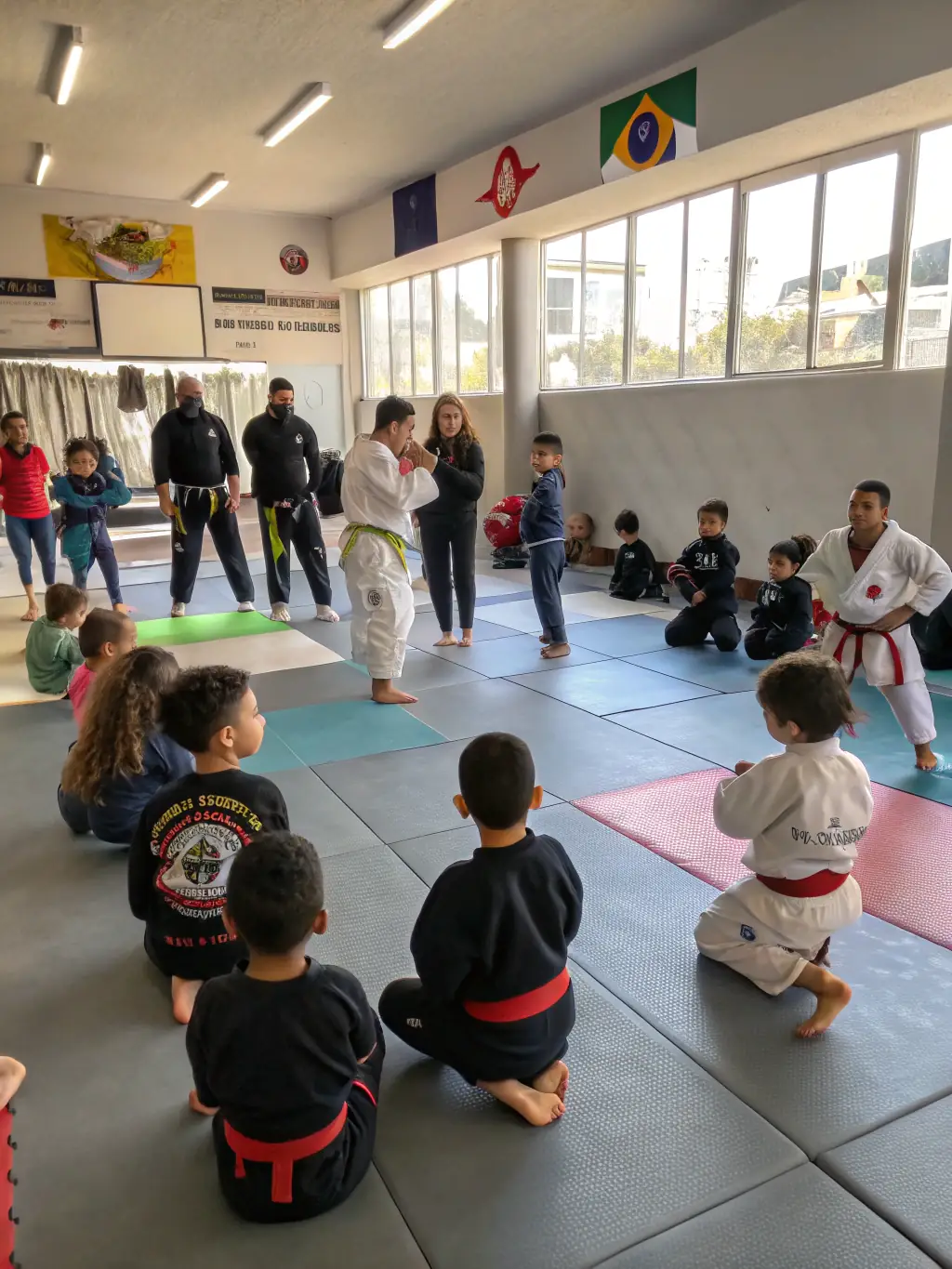A diverse group of students of different ages and backgrounds training together, highlighting the inclusive environment of the dojo.