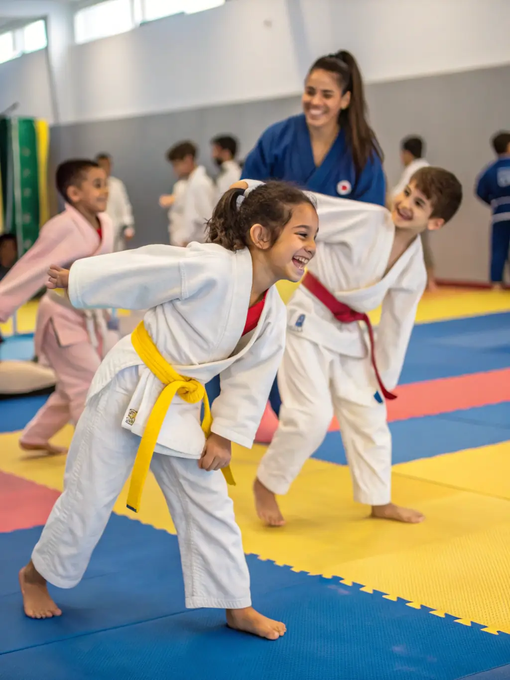 A focused image of children practicing Judo, emphasizing the fun and safety of the kids' program at YOKAI JUDO NEUVIC.
