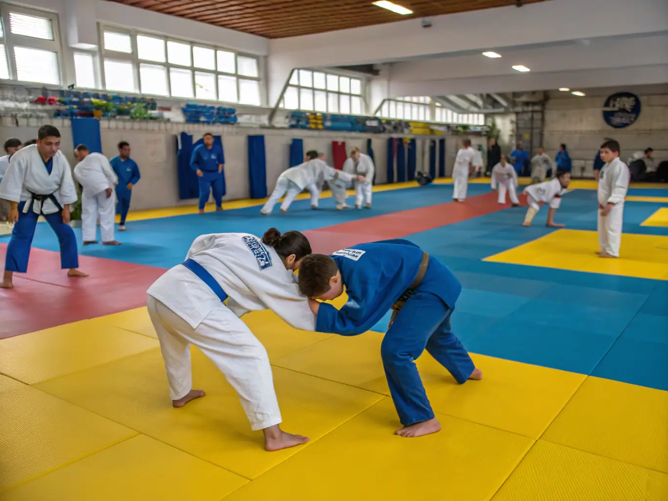 A dynamic shot of students practicing Judo throws in a well-lit dojo, showcasing the energy and technique involved in Judo training at YOKAI JUDO NEUVIC.