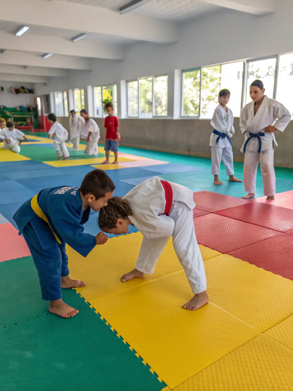 A diverse group of students of varying ages and skill levels practicing judo techniques in a bright, modern dojo at YOKAI JUDO NEUVIC, emphasizing inclusivity and community.