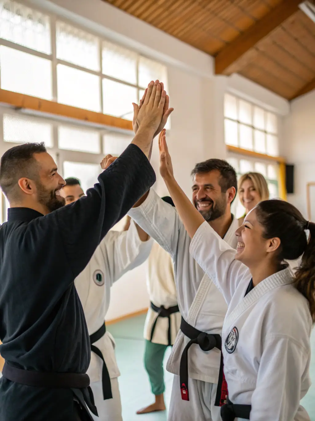 A group photo of students from various martial arts programs at YOKAI JUDO NEUVIC, smiling and displaying a sense of camaraderie and community.