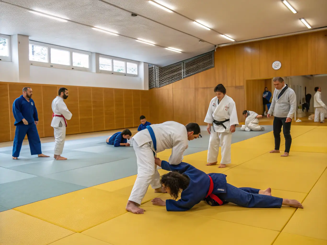 A dynamic action shot of students practicing Judo throws in a well-lit dojo at YOKAI JUDO NEUVIC, showcasing the intensity and technique involved in Judo training.