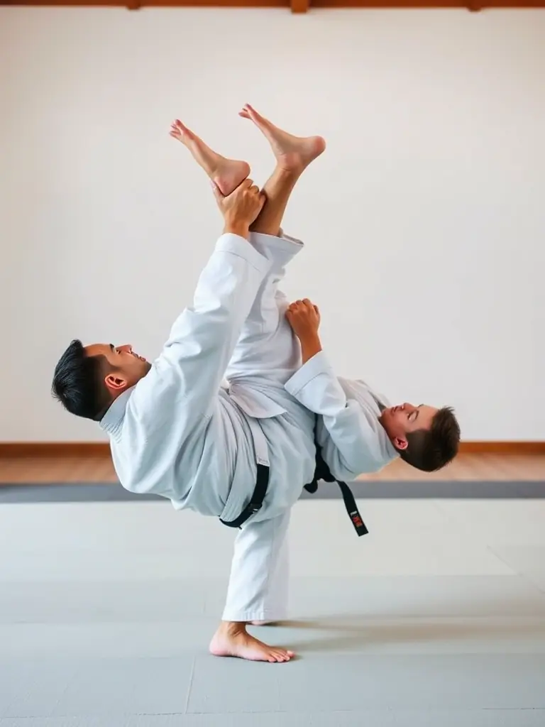 A dynamic action shot of judo practitioners in mid-throw during a training session at YOKAI JUDO NEUVIC, showcasing the intensity and skill involved in judo.