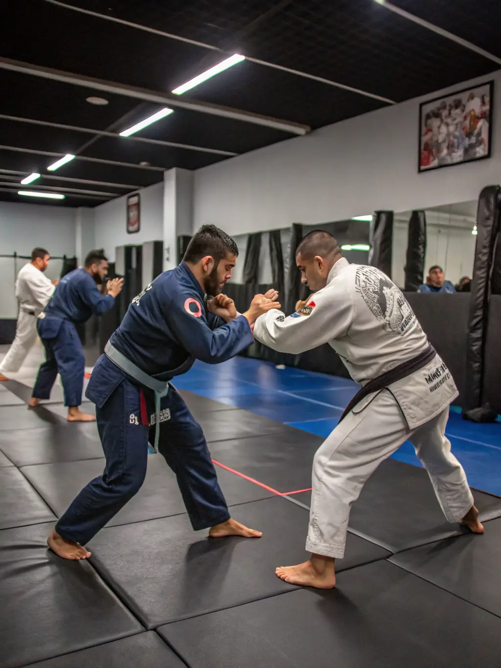 A dynamic shot of adults engaged in a Ju-Jitsu sparring session, showcasing the intensity and skill involved in the adult program at YOKAI JUDO NEUVIC.