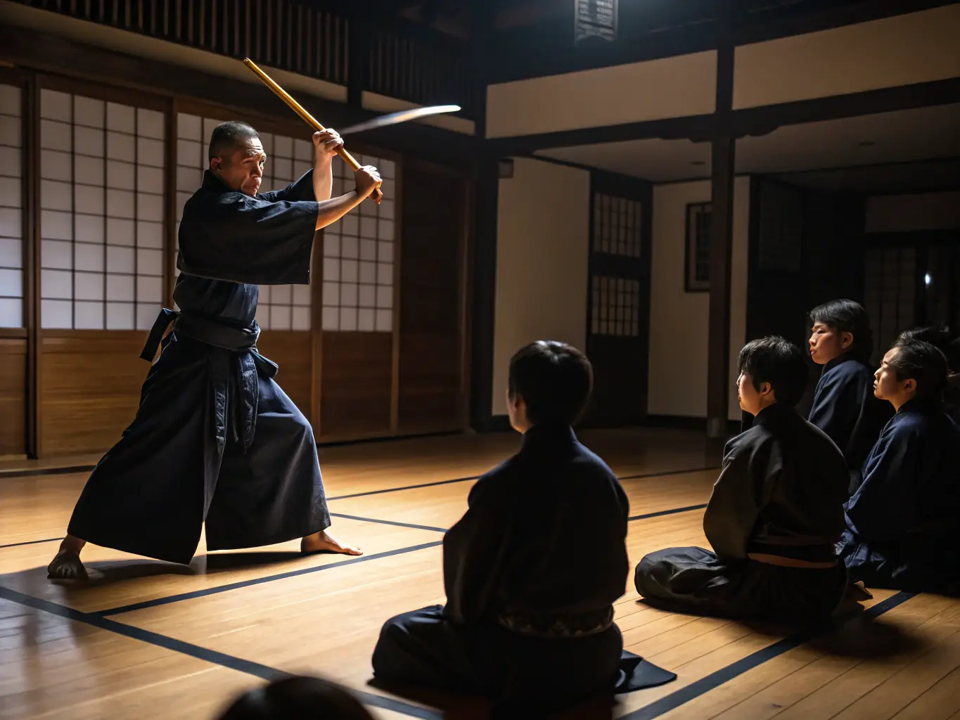 A serene image of students practicing Kendo with bamboo swords, highlighting the precision, focus, and traditional aspects of Kendo training at YOKAI JUDO NEUVIC.